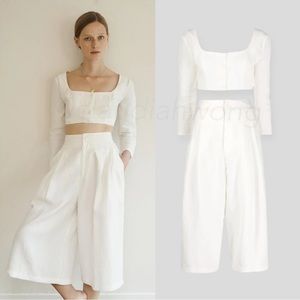 LE KASHA 100% Linen Jazirat Crop Top + Abadano Wide Leg Cropped Pants in Cream
